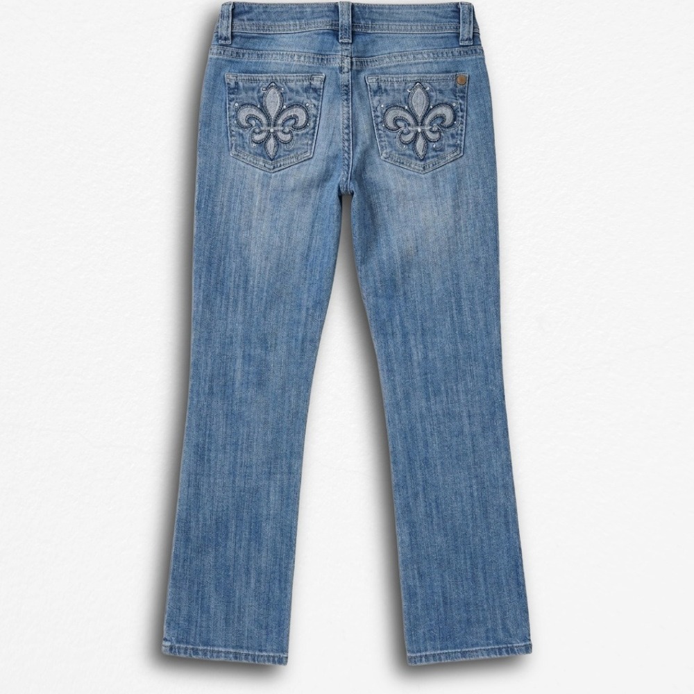 Mossimo Supply Co Womens 14 Bootcut Jeans Blue Y2K Fleur De Lis Embroidered